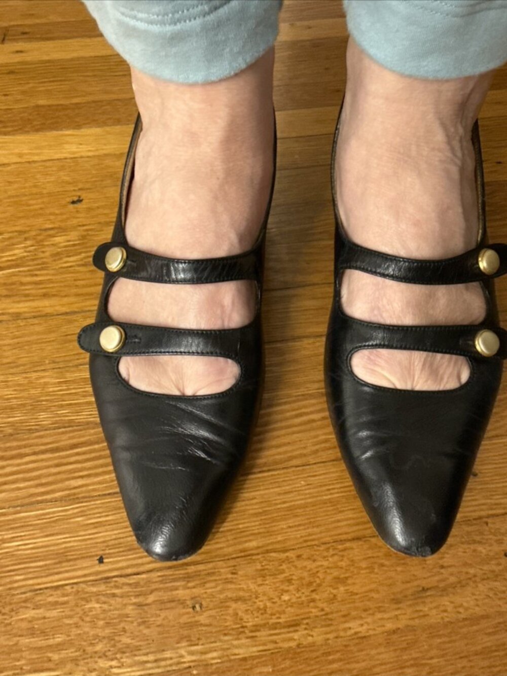 Perry Ellis Women's Shoes Size 9N Mary Jane Heels Leather Straps Gold Buttons